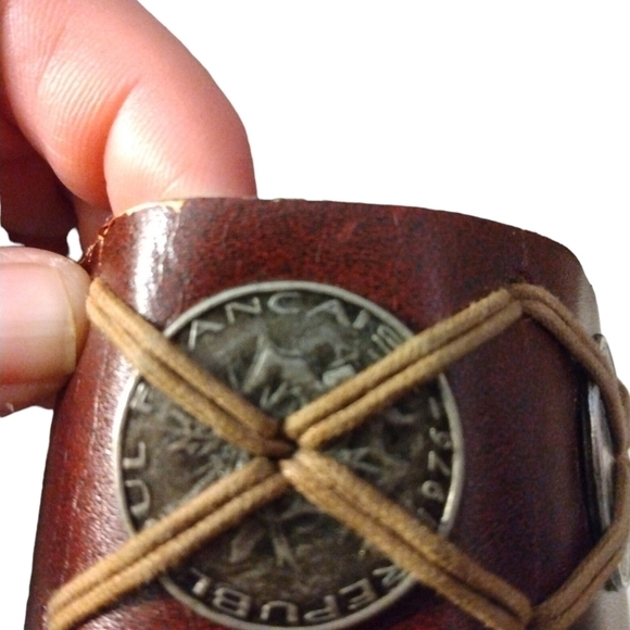 Brown Faux Leather Coin &Twine Accents Cuff Bracelet with Snap Closures - Picture 5 of 8